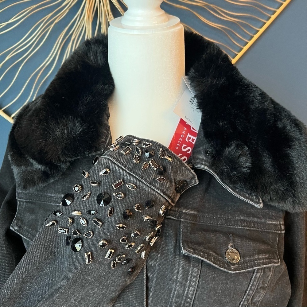 NWT Guess Dora Black Denim Jacket with Fur and Embellishments - Picture 3 of 8